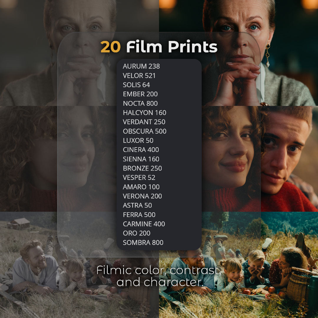 HueCrafter© 20 Film Prints. Filmic color, contrast, and character. Split before/after portraits and a picnic scene around a list of print stocks from AURUM 238 to SOMBRA 800.