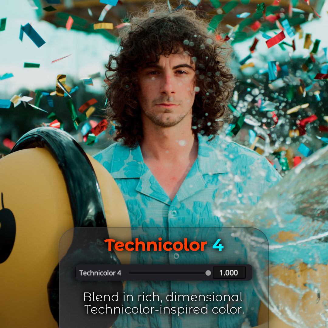 HueCrafter© Technicolor 4. Blend in rich, dimensional Technicolor-inspired color. Curly-haired man in a teal shirt amid confetti and splashing water, with the Technicolor 4 slider at 1.000.