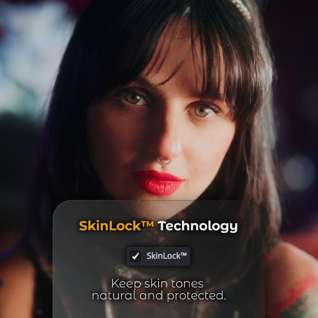 HueCrafter© SkinLock™ Technology. Keep skin tones natural and protected. Close-up portrait of a woman with dark bangs and red lipstick above a checked SkinLock™ checkbox.