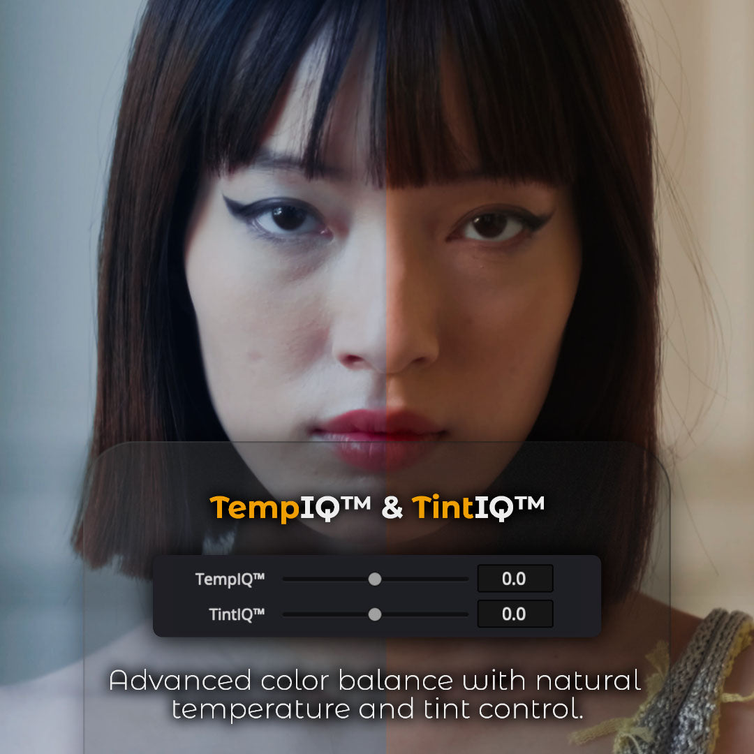 HueCrafter© TempIQ™ & TintIQ™. Advanced color balance with natural temperature and tint control. Split portrait, cooler on the left and warmer on the right, above TempIQ™ and TintIQ™ sliders.