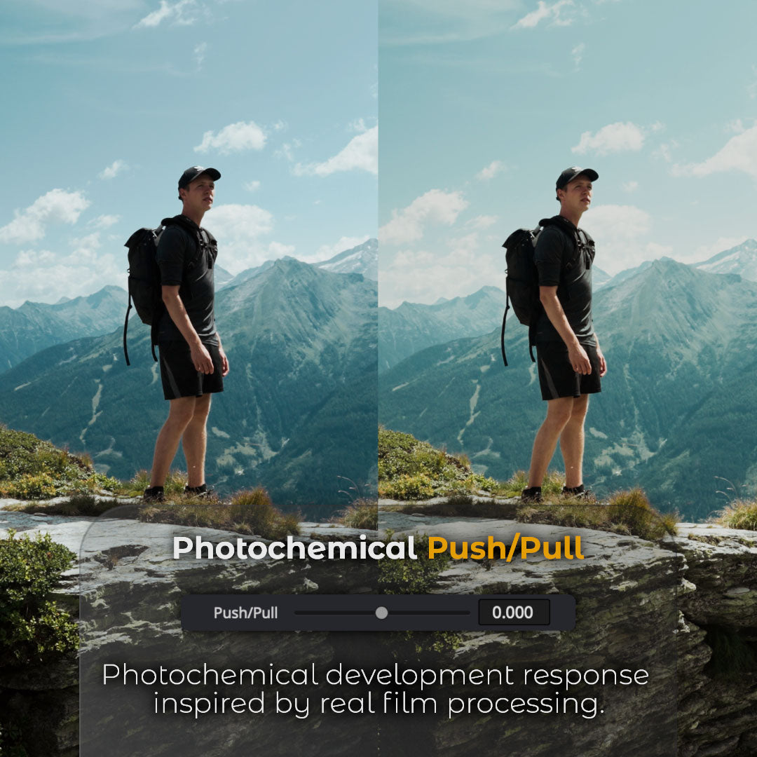 HueCrafter© Photochemical Push/Pull. Photochemical development response inspired by real film processing. Side-by-side comparison of the same hiker on a mountain ledge above a Push/Pull slider.