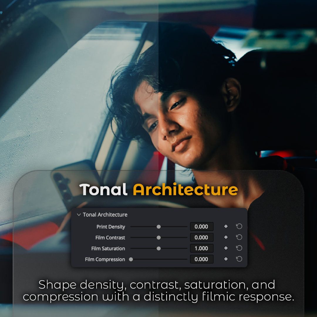 HueCrafter© Tonal Architecture. Shape density, contrast, saturation, and compression with a distinctly filmic response. Split portrait in a car above the four-slider Tonal Architecture panel.