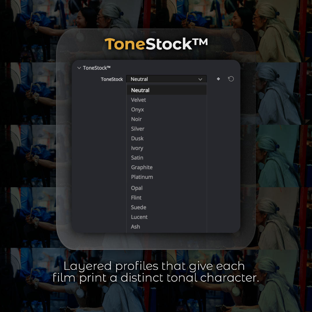 HueCrafter© ToneStock™. Layered profiles that give each film print a distinct tonal character. ToneStock menu open to Neutral, Velvet, Onyx, Noir and more over a grid of the same frame.