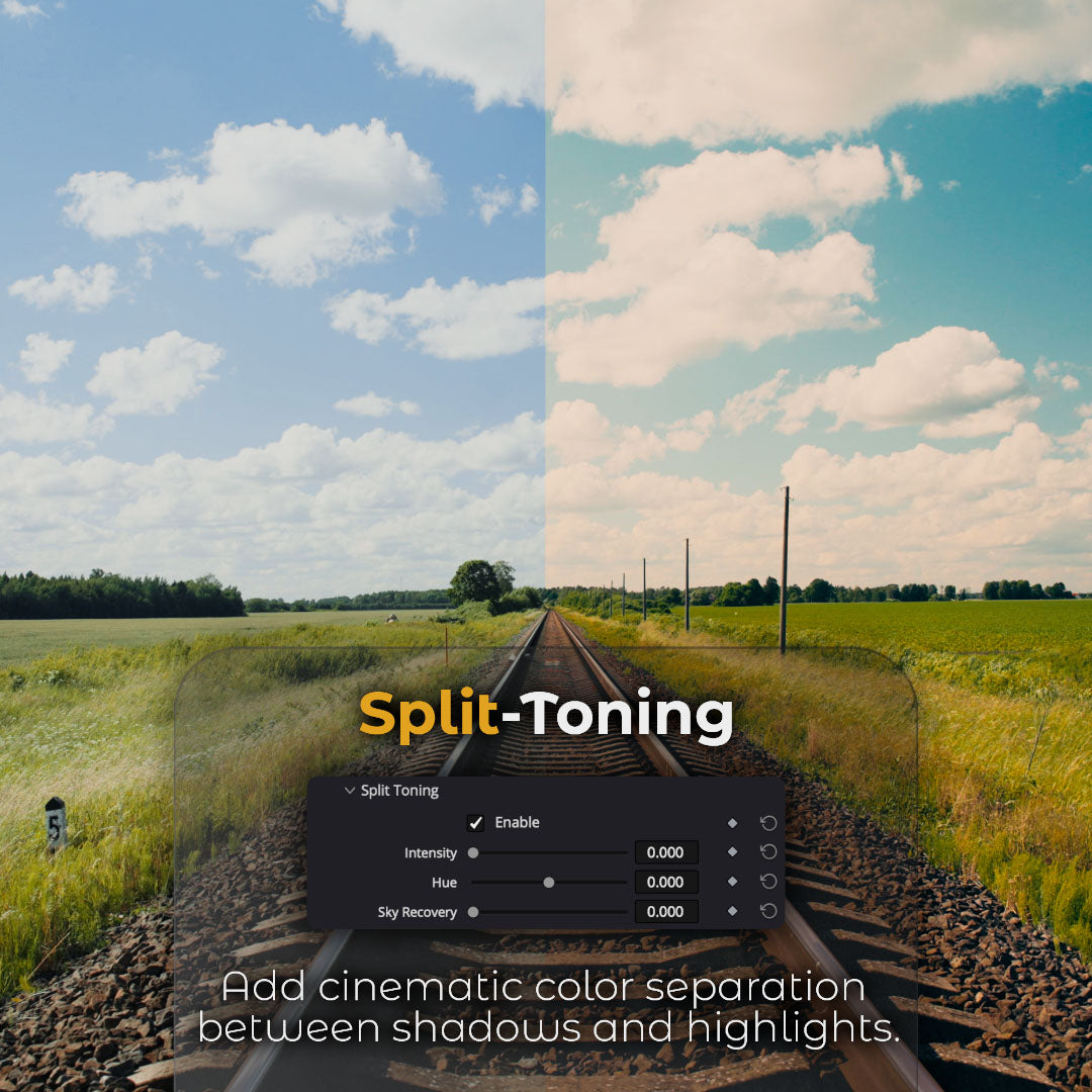 HueCrafter© Split-Toning. Add cinematic color separation between shadows and highlights. Split before/after of railroad tracks through fields above Enable, Intensity, Hue and Sky Recovery controls.