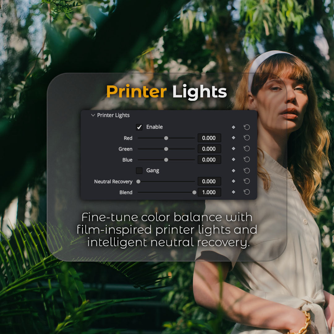 HueCrafter© Printer Lights. Fine-tune color balance with film-inspired printer lights and intelligent neutral recovery. Panel with Red, Green, Blue and Neutral Recovery sliders over a woman outdoors.