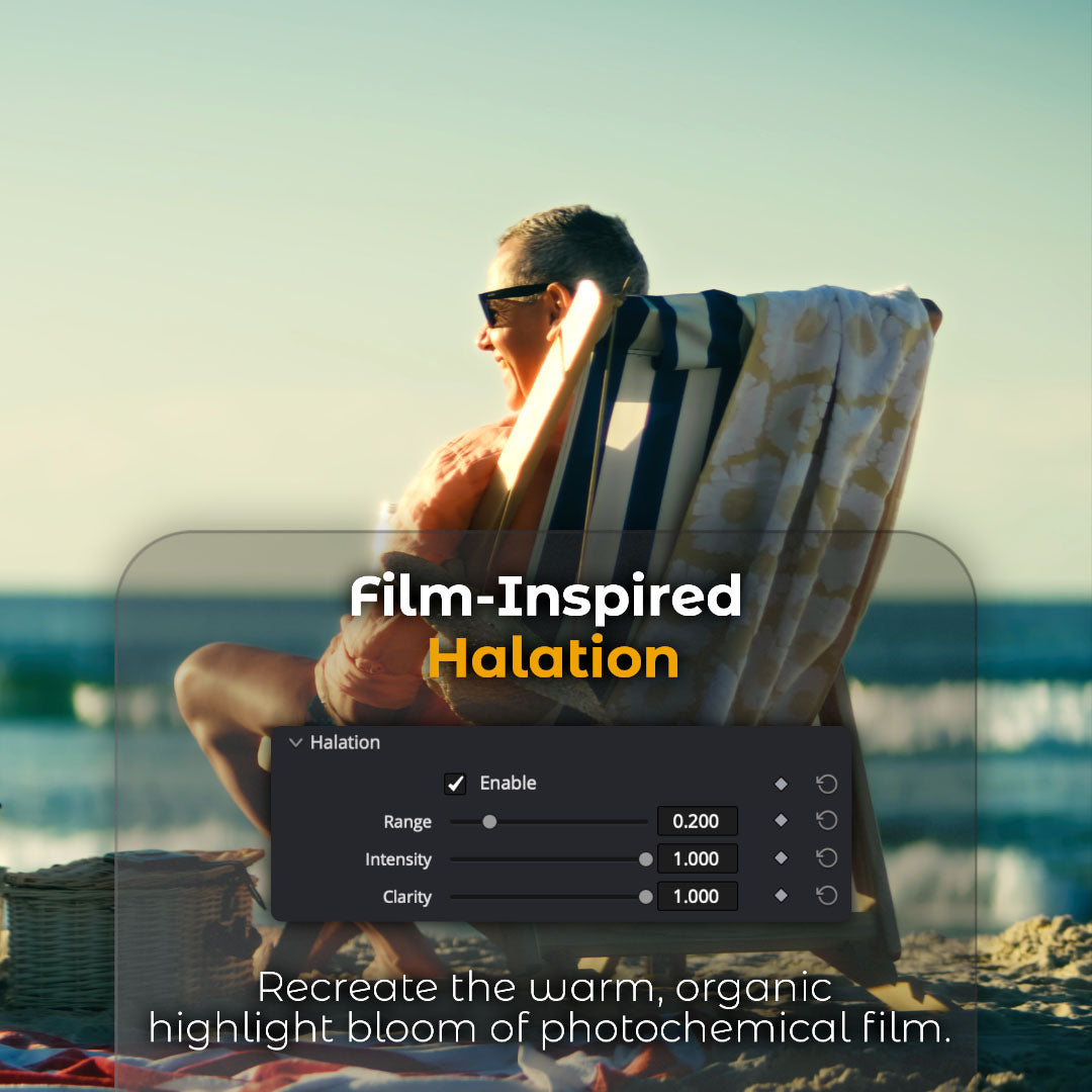 HueCrafter© Film-Inspired Halation. Recreate the warm, organic highlight bloom of photochemical film. Panel with Range, Intensity and Clarity sliders over a sunlit person in a beach chair by the sea.