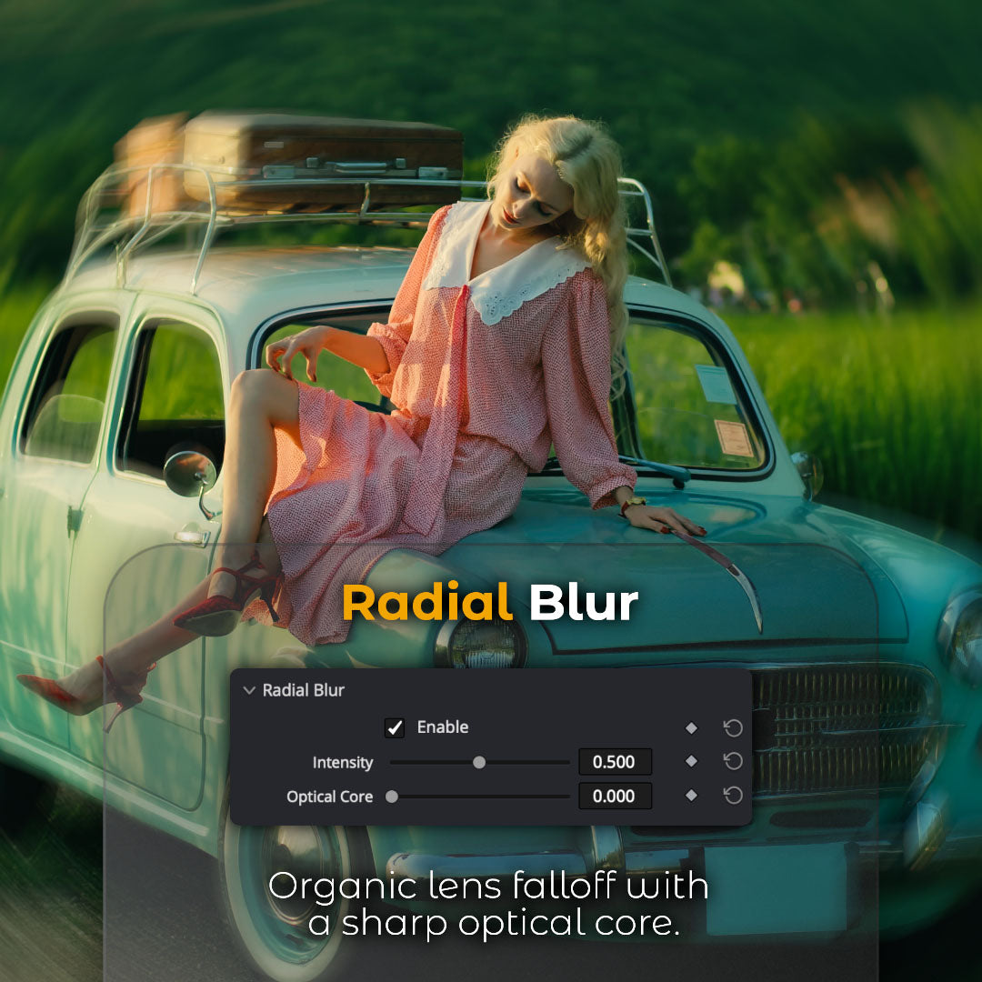 HueCrafter© Radial Blur. Organic lens falloff with a sharp optical core. Panel with Intensity and Optical Core sliders over a woman in a pink dress seated on a vintage teal car, edges softly blurred.