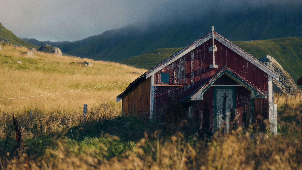 HueCrafter© VERONA 200 film print emulation on a weathered red cabin below misty green mountains