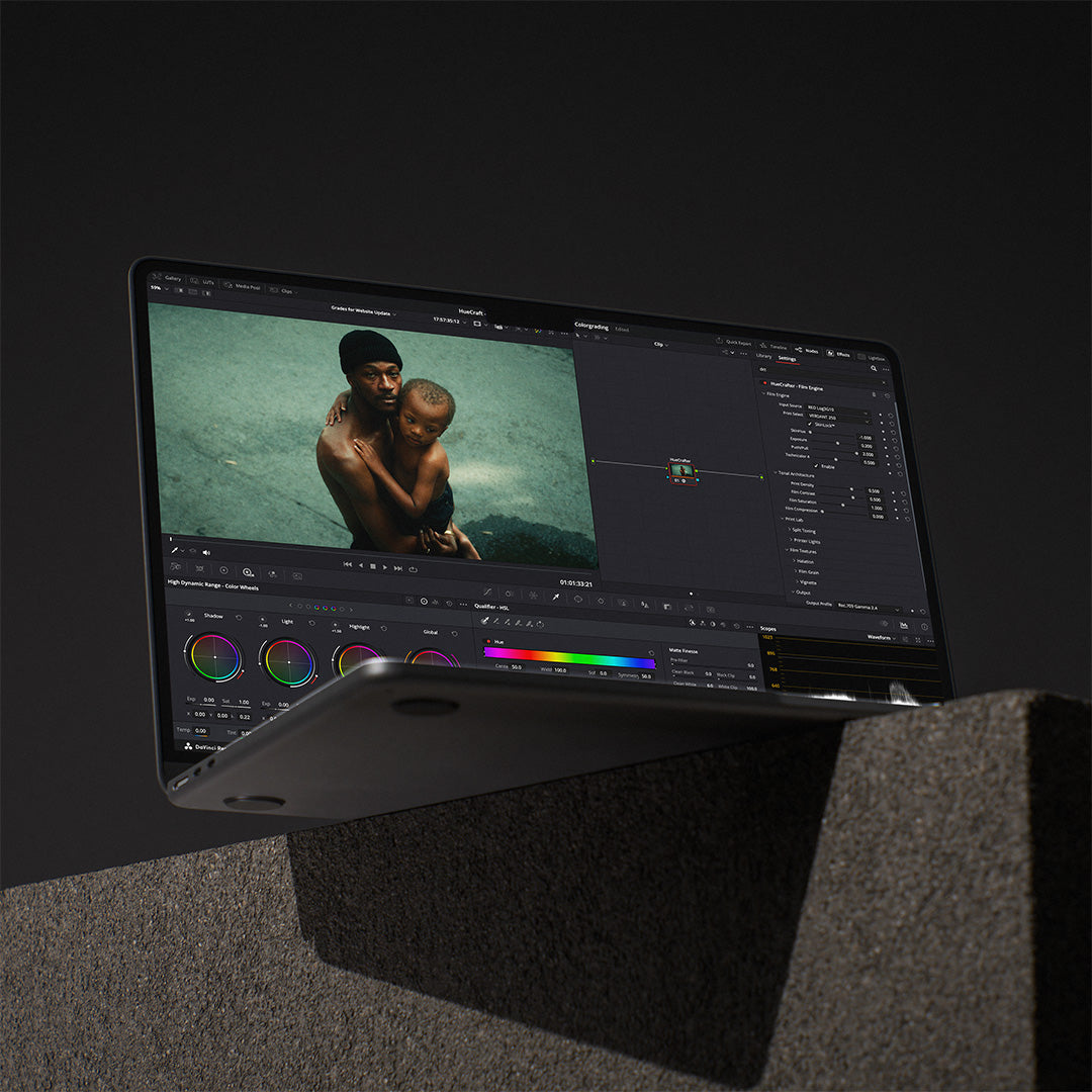 HueCrafter© Film Emulation Plugin displayed in DaVinci Resolve on a professional desktop workstation