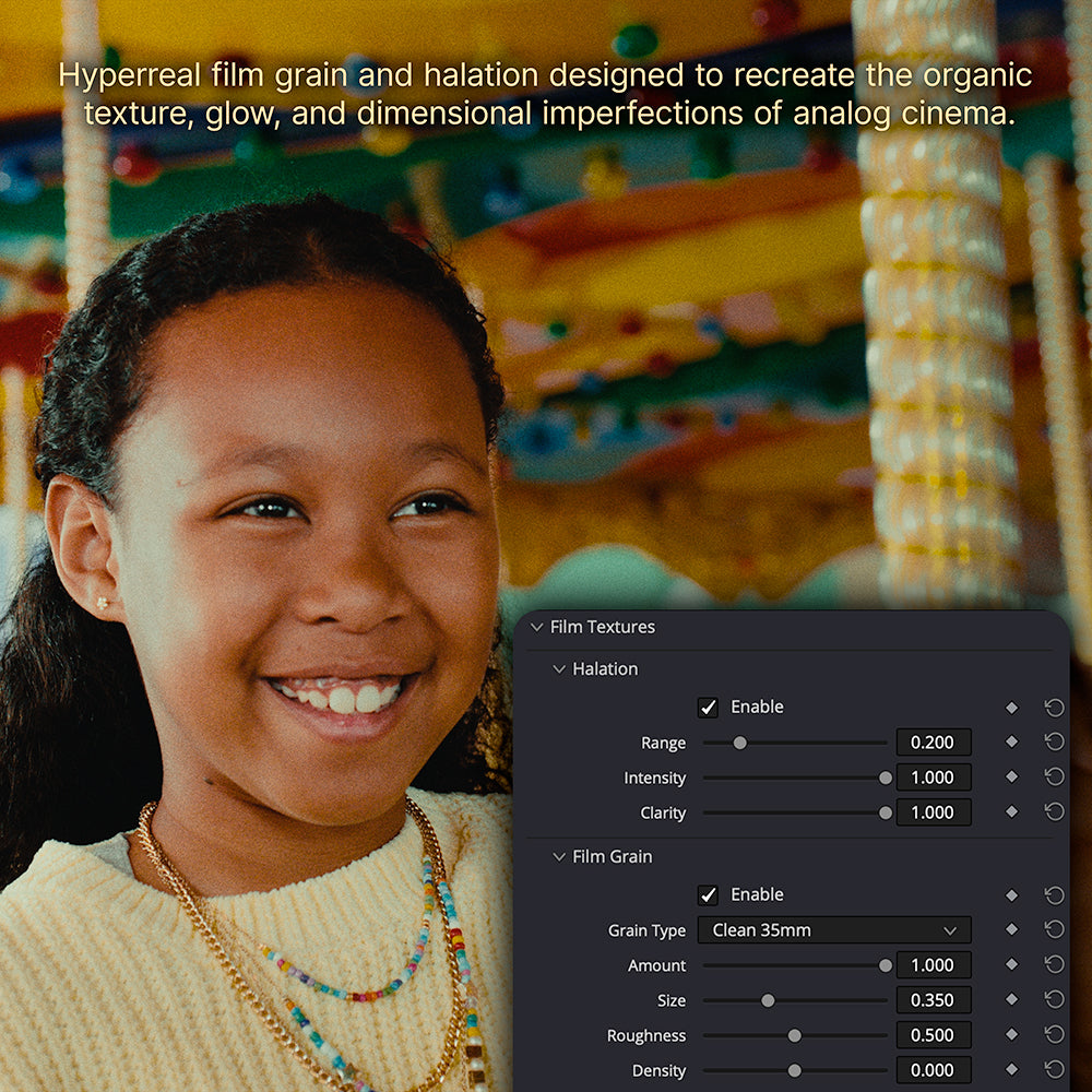 HueCrafter Film Textures controls showcasing halation, film grain, and vignette tools designed to add authentic analog character and cinematic depth to digital footage in DaVinci Resolve.
