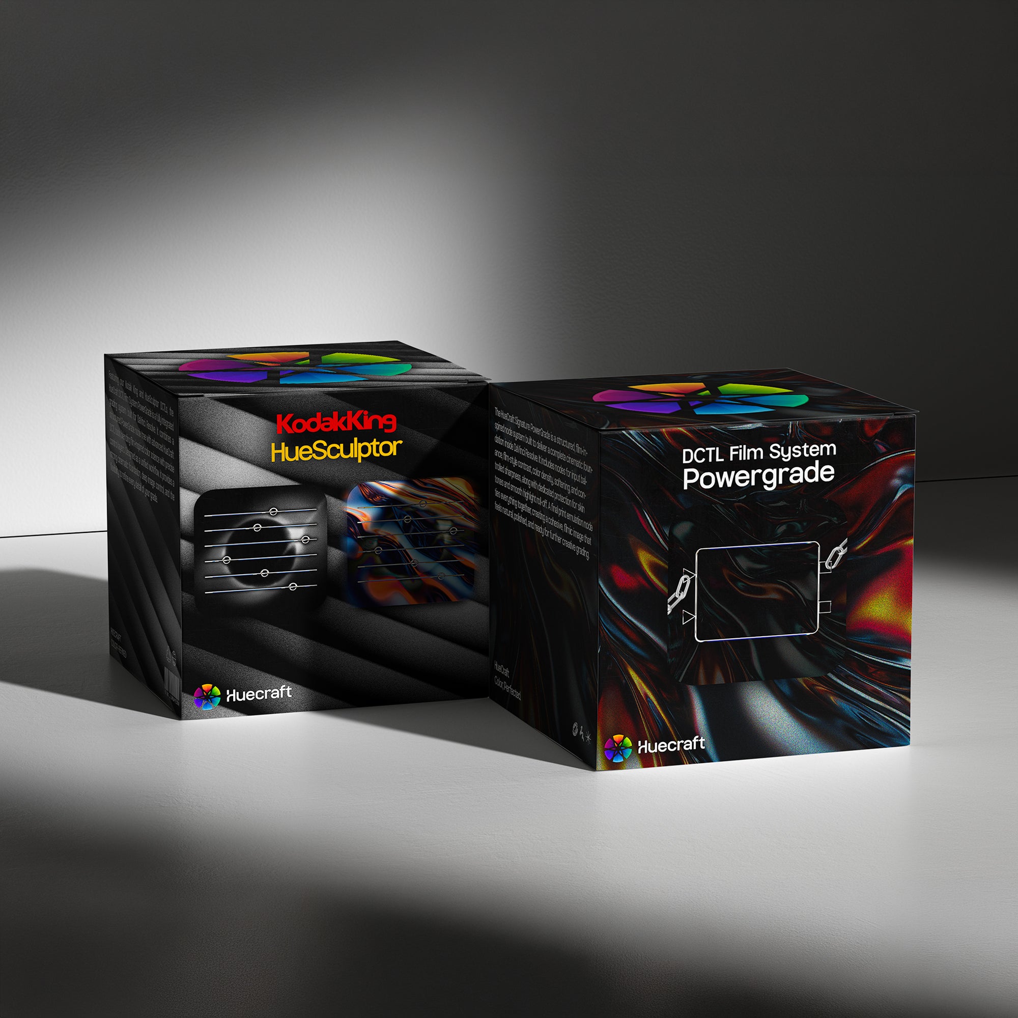 HueCraft DCTL Film System PowerGrade box mockup showcasing a complete cinematic color grading workflow featuring film emulation, advanced DCTL processing, and professional image finishing tools for DaVinci Resolve.