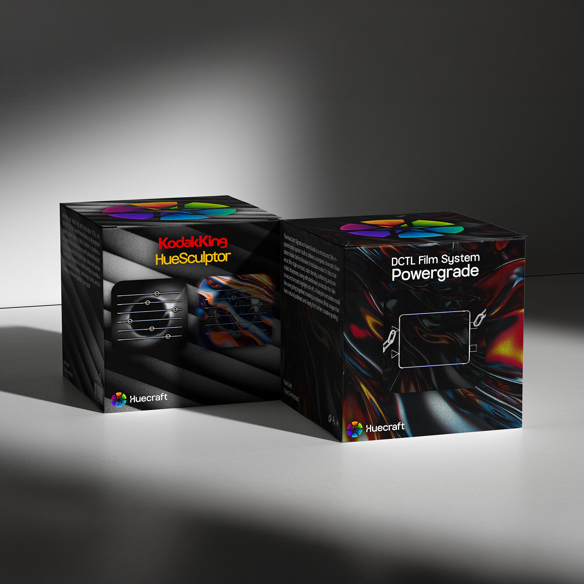 HueCraft DCTL Film System PowerGrade box mockup showcasing a complete cinematic color grading workflow featuring film emulation, advanced DCTL processing, and professional image finishing tools for DaVinci Resolve.
