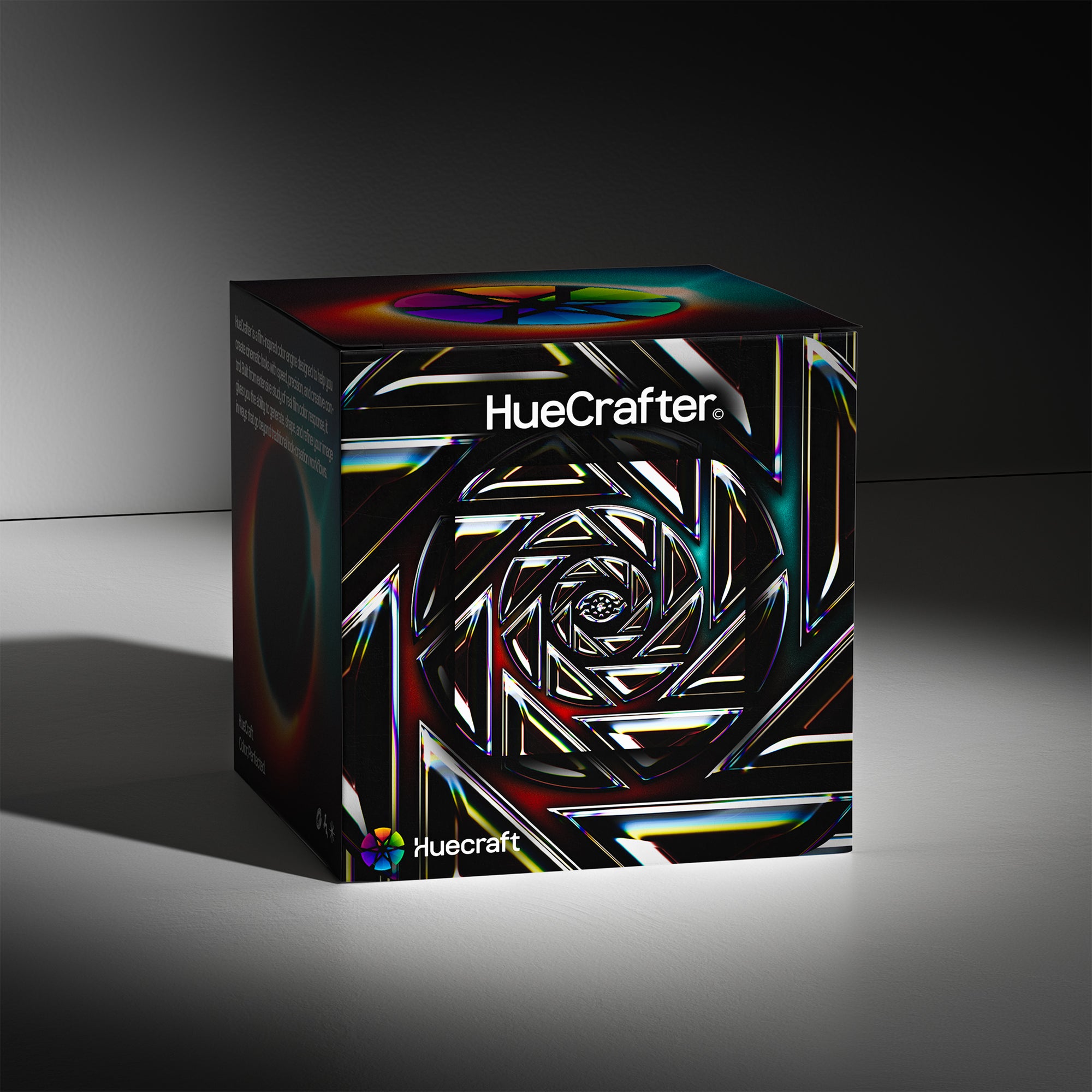 HueCrafter box mockup showcasing the cinematic color grading system for film emulation and professional workflows in DaVinci Resolve.