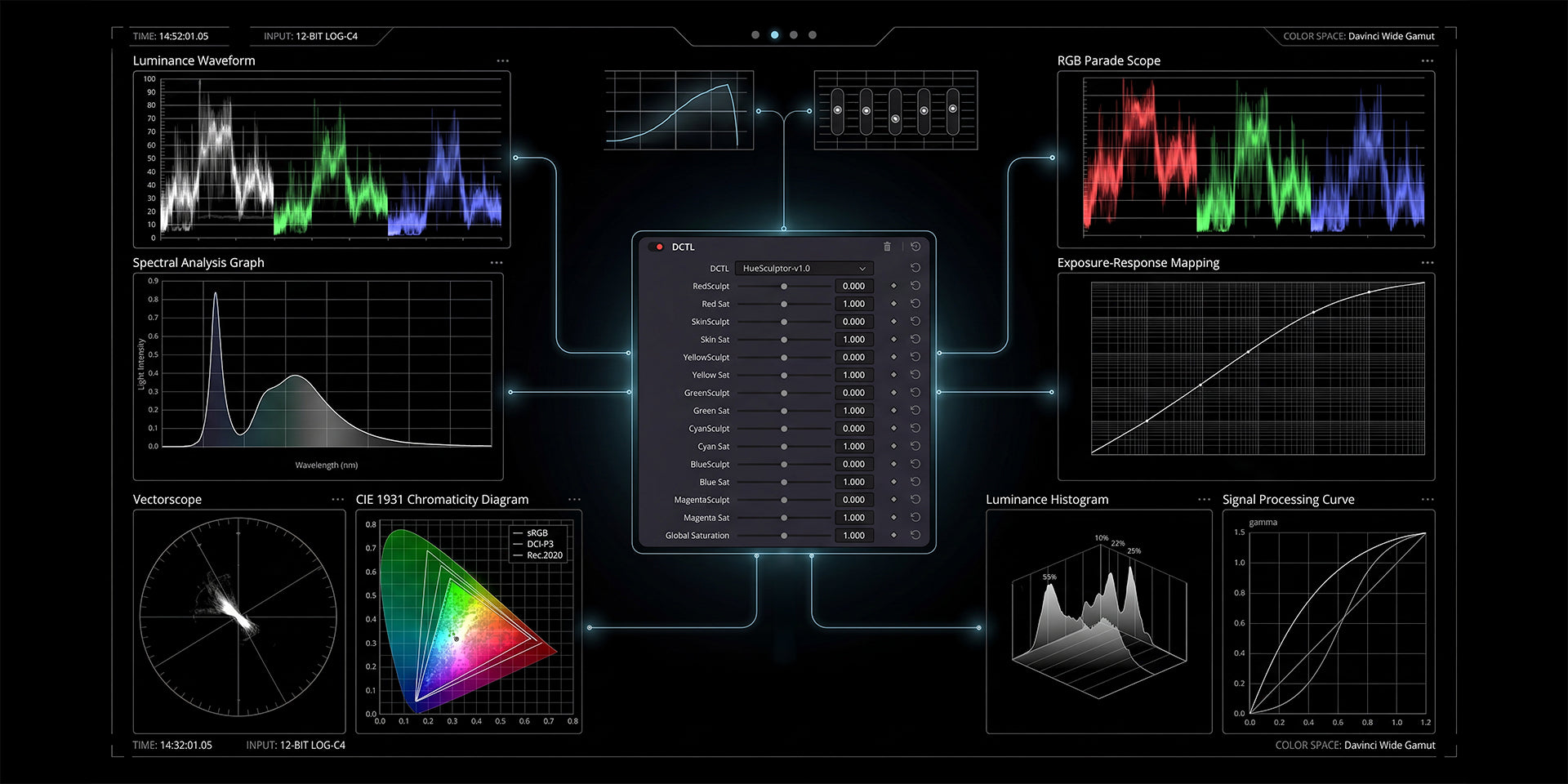 Detailed schematic of the HueSculptor DCTL interface showcasing advanced hue shaping, targeted saturation controls, color separation tools, and professional cinematic color grading workflows in DaVinci Resolve.