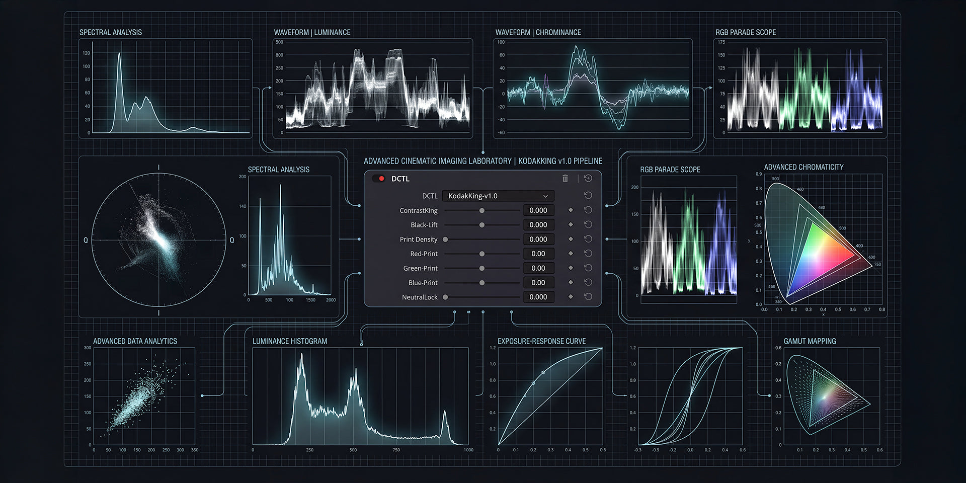 Detailed schematic of the Kodak King DCTL interface showcasing film emulation controls, contrast shaping, print density, printer lights, and cinematic image rendering tools for DaVinci Resolve.