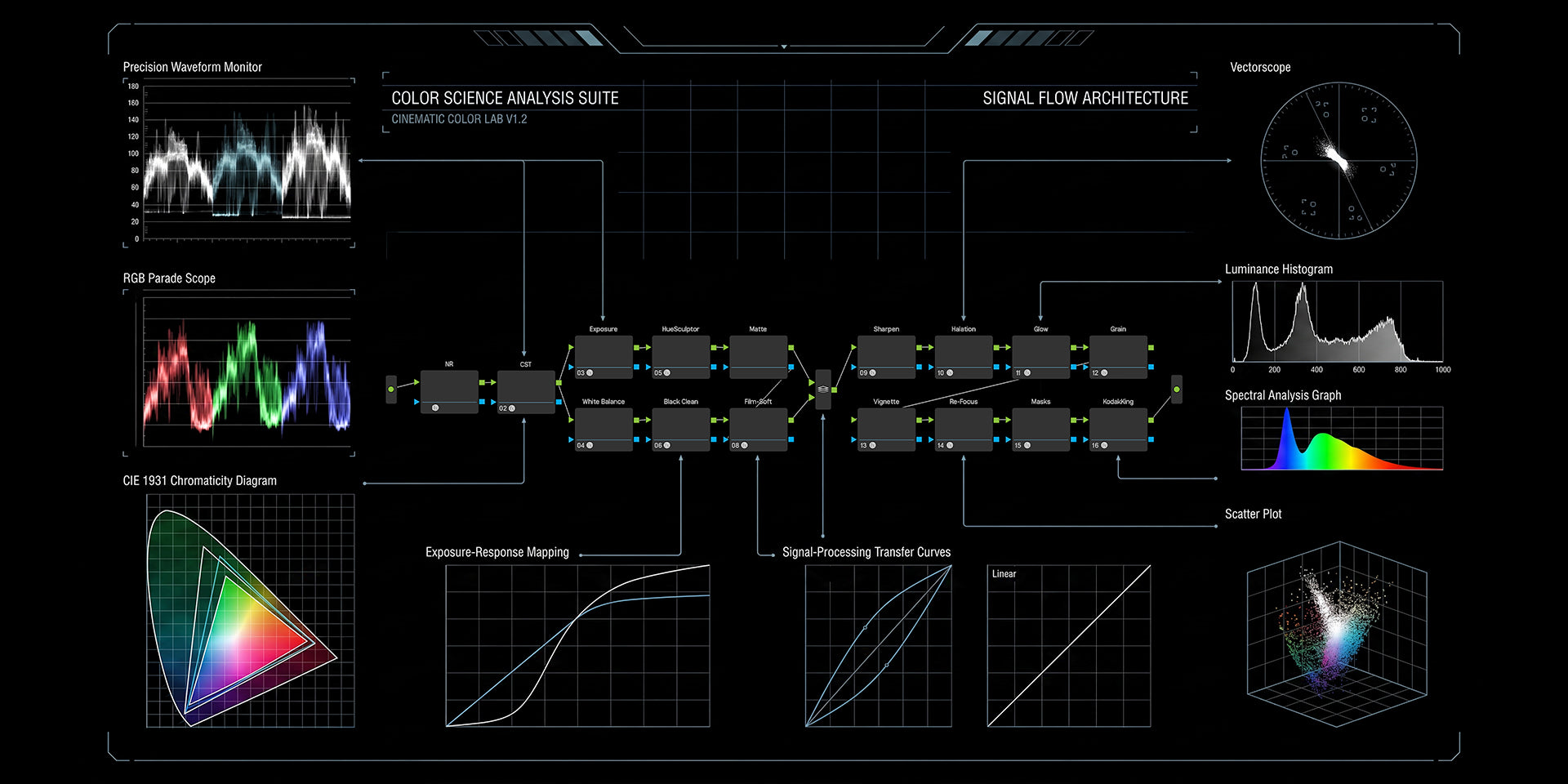 Detailed schematic of the HueCraft DCTL Film System PowerGrade showcasing its complete film emulation workflow, advanced DCTL integration, cinematic finishing tools, and professional color grading architecture in DaVinci Resolve.